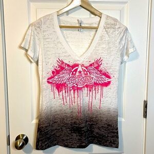 Next Level white burnout Aerosmith v neck band tee w/ black ombré trim sz XL